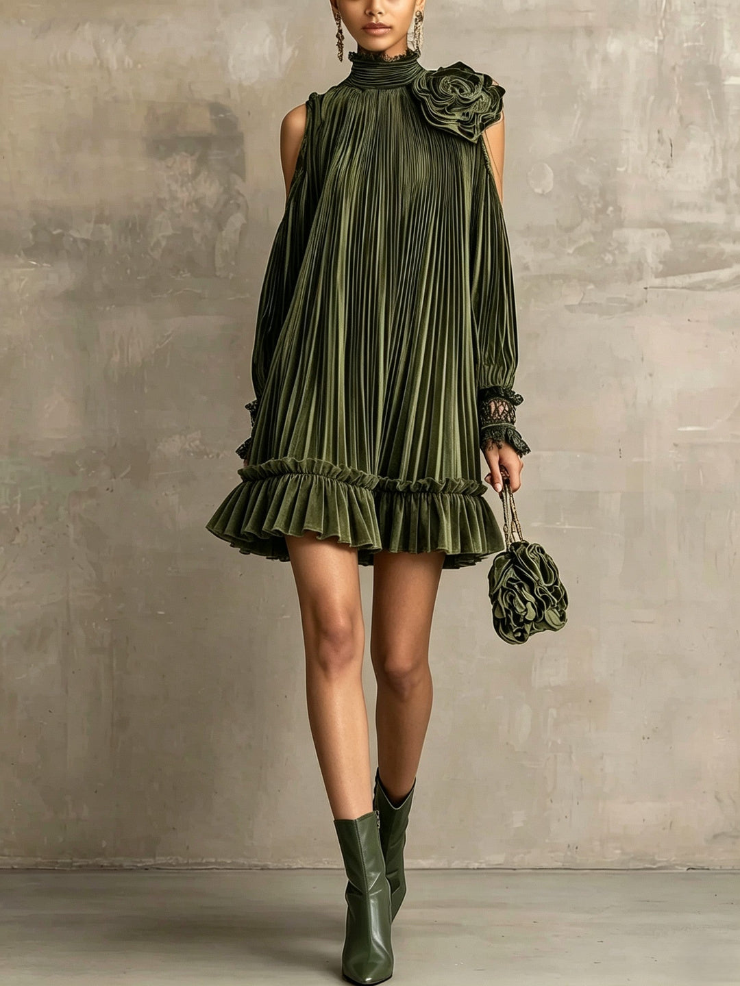 Elegant Olive Green Pleated Mini Dress with High Neck, Ruffle Hem &amp; Rose Detail