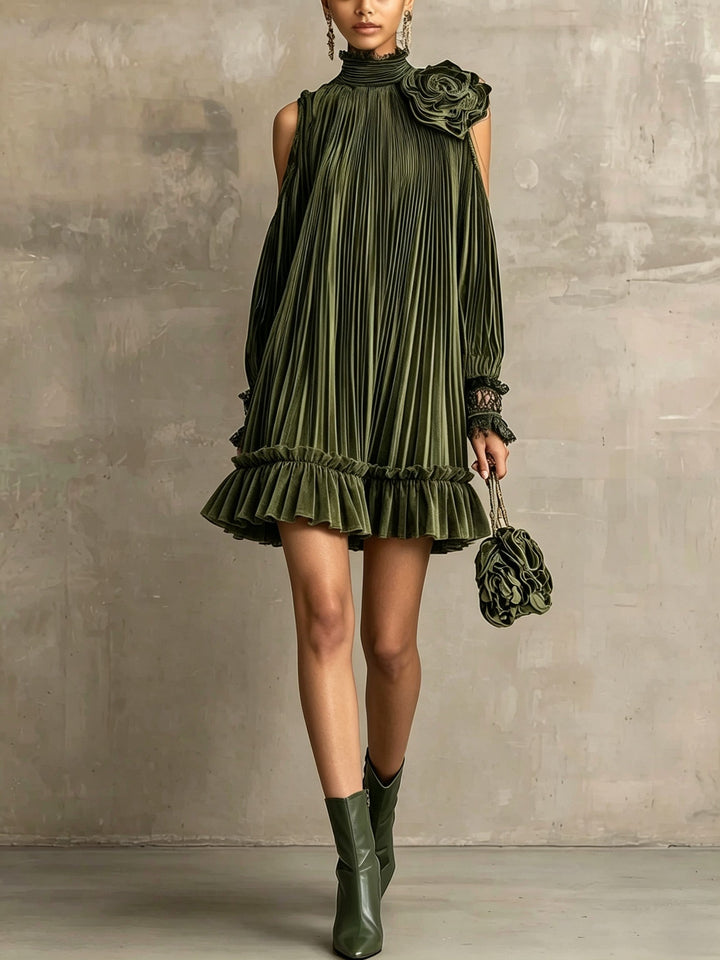 Elegant Olive Green Pleated Mini Dress with High Neck, Ruffle Hem &amp; Rose Detail