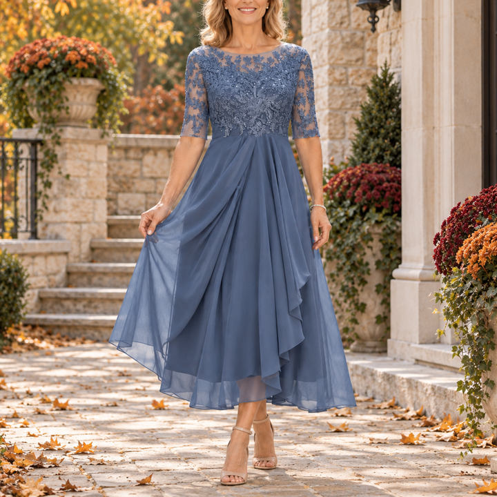 Elise | Lace Bodice Draped Midi Dress