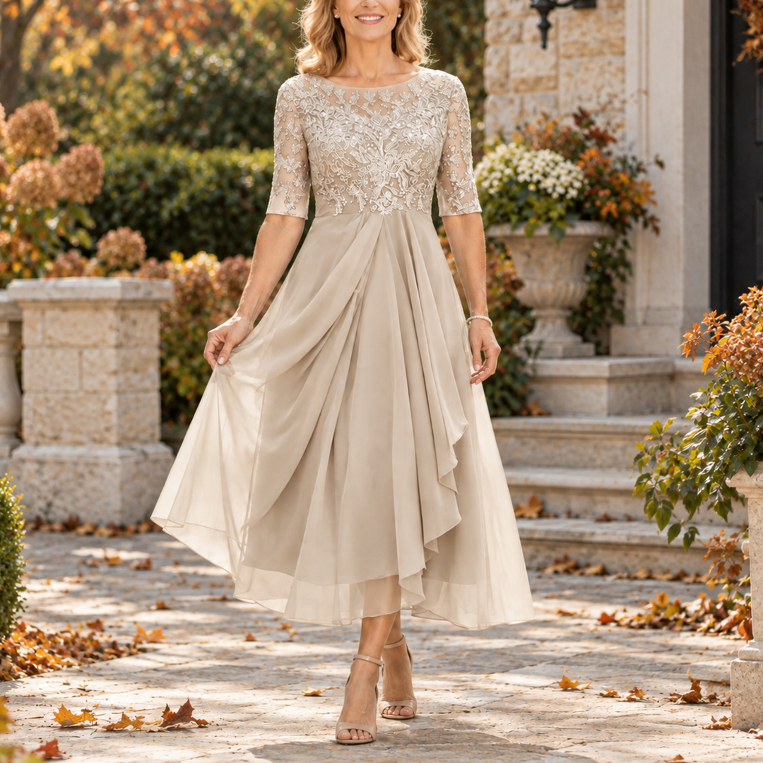 Elise | Lace Bodice Draped Midi Dress