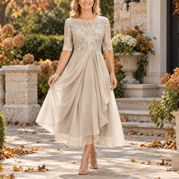 Elise | Lace Bodice Draped Midi Dress