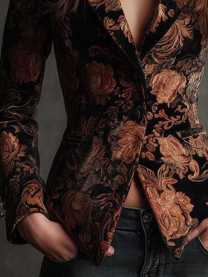 Bertille | Black &amp; Bronze Floral Print Tailored Blazer