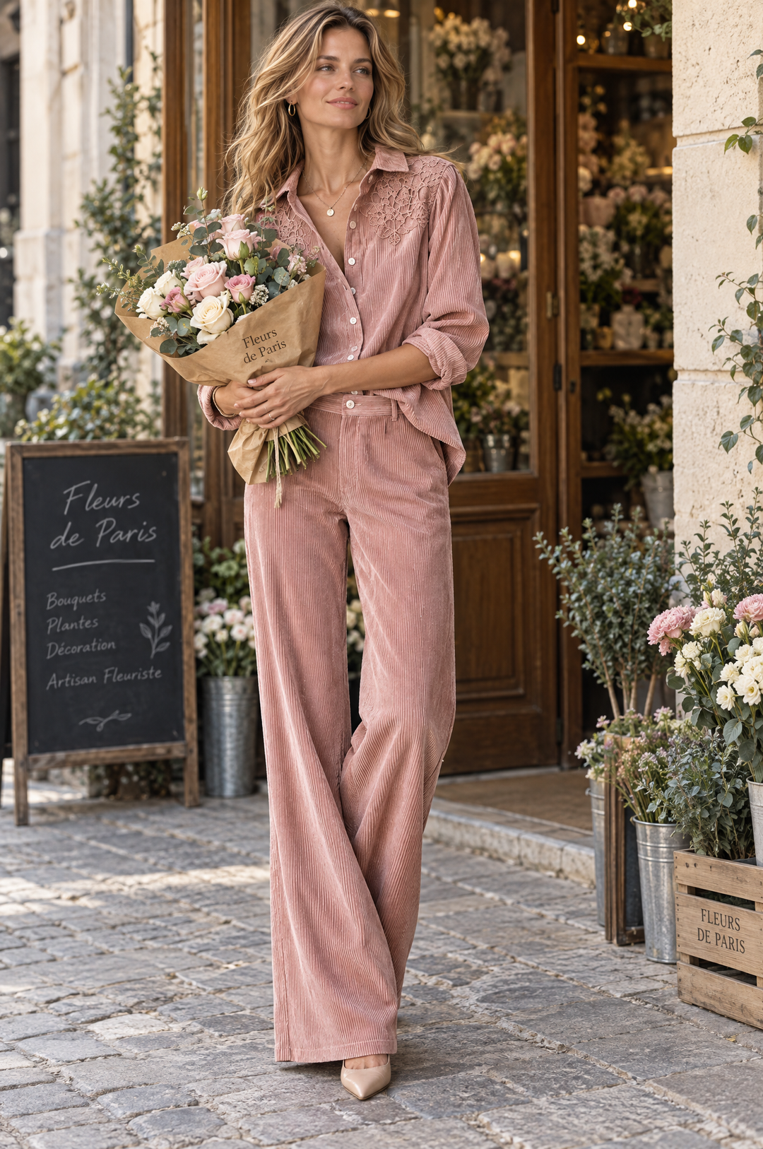 Boho Corduroy Lace-Trim Shirt &amp; Wide-Leg Pants Set