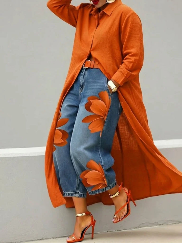 Fiamma Shirt Dress and Floral Jeans Set