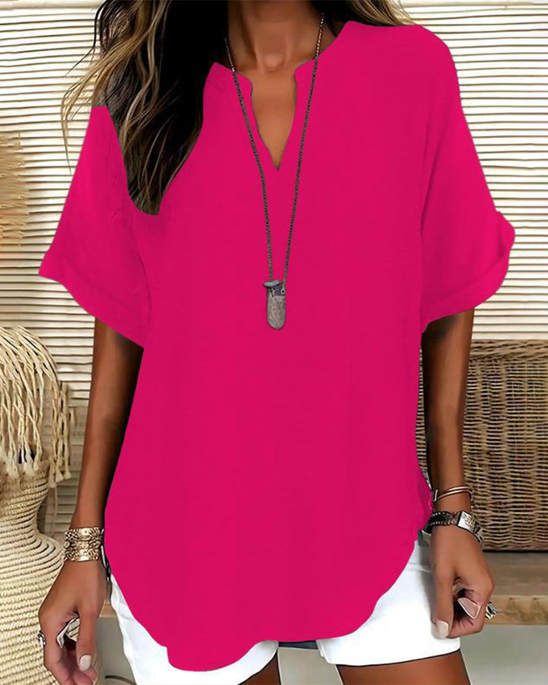 Loose Fit Solid Color V-Neck Blouse