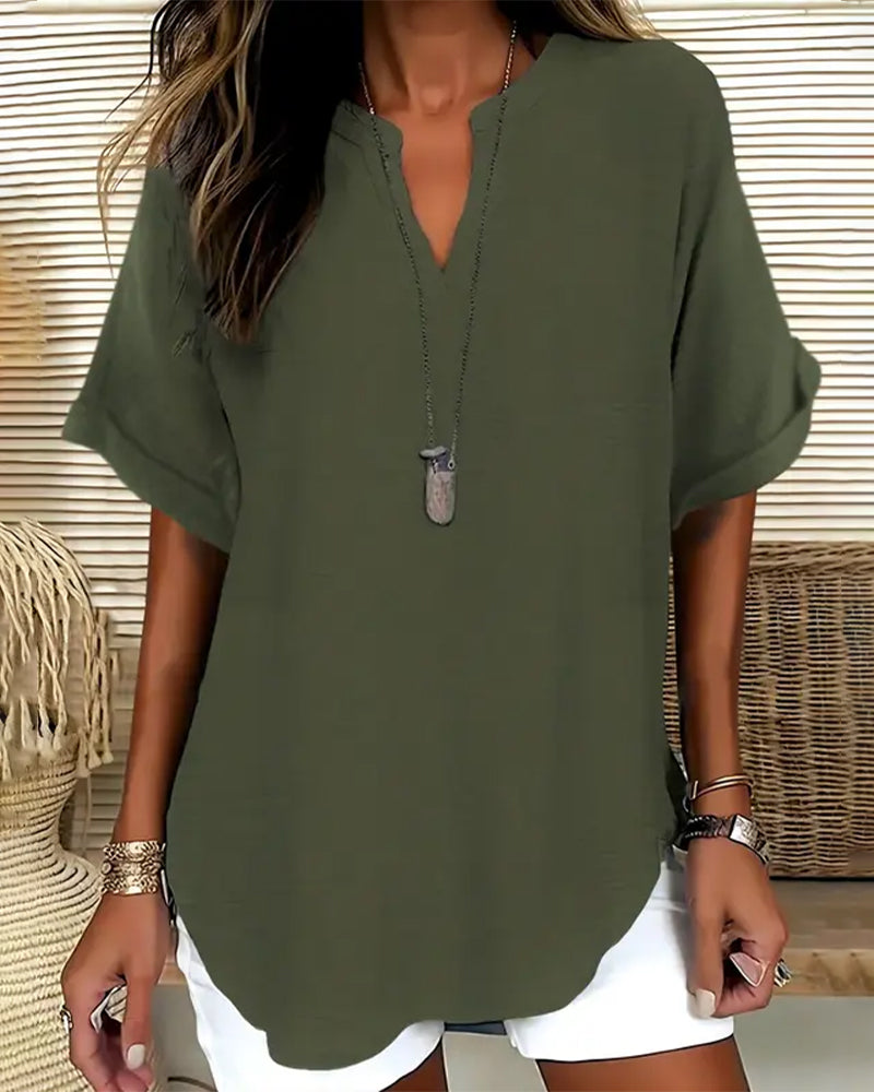 Loose Fit Solid Color V-Neck Blouse