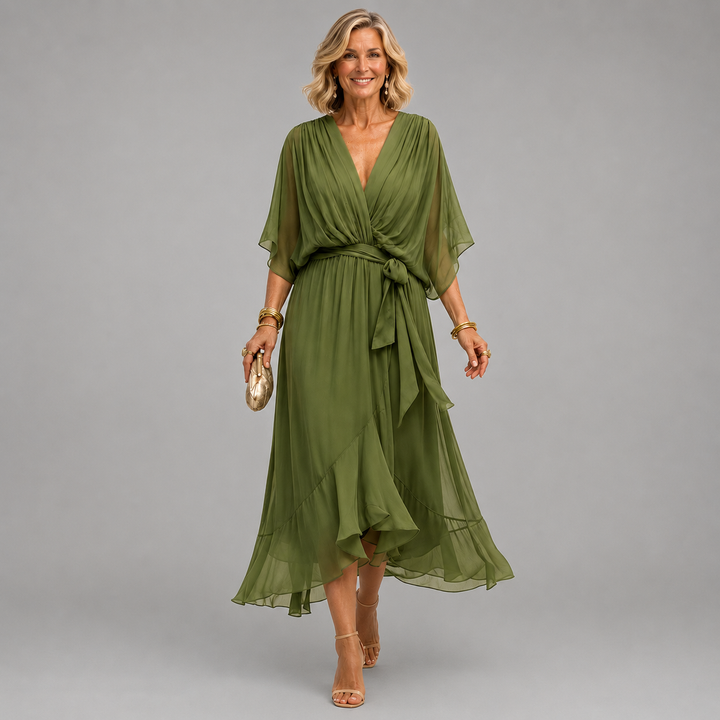 Fiona | Elegant Wrap Midi Dress with Tie Waist