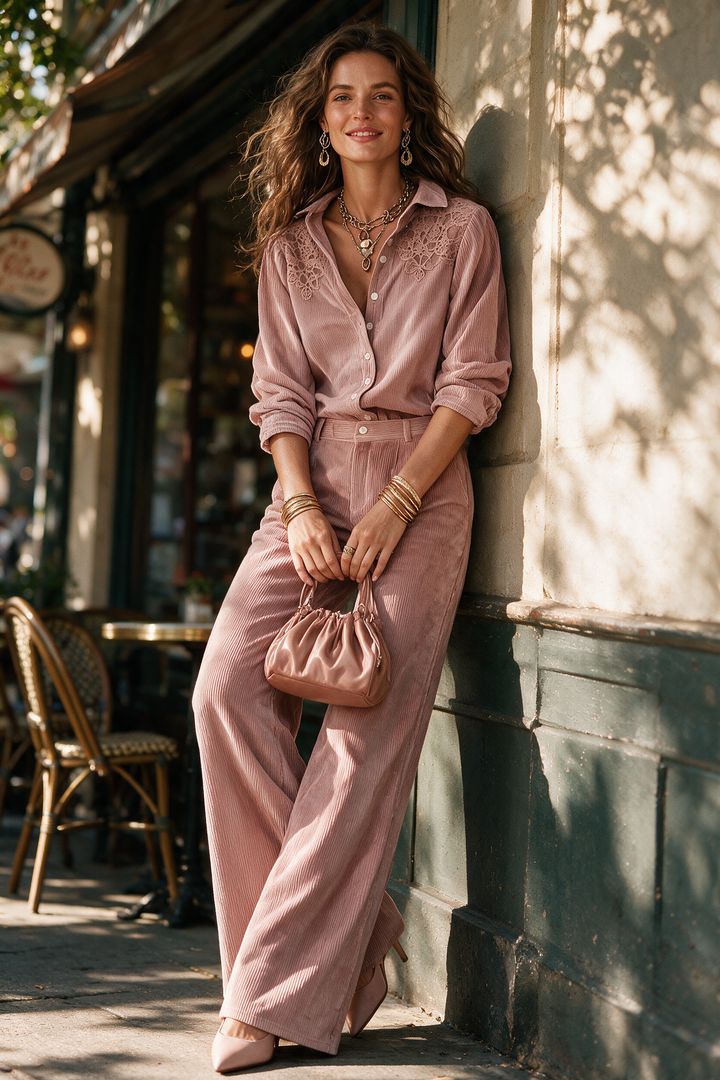 Boho Corduroy Lace-Trim Shirt &amp; Wide-Leg Pants Set