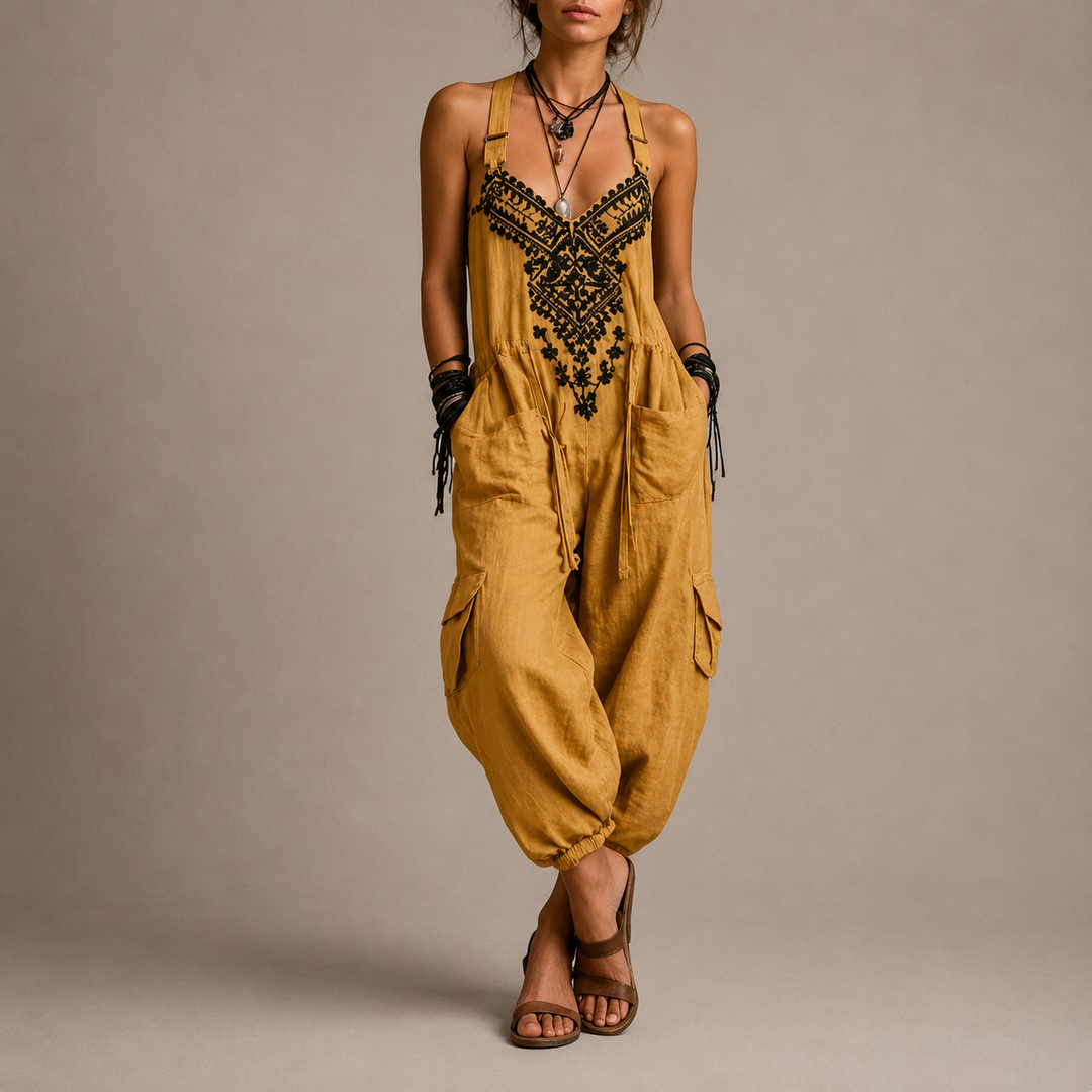 Astrid Embroidered Boho Jumpsuit – Mustard