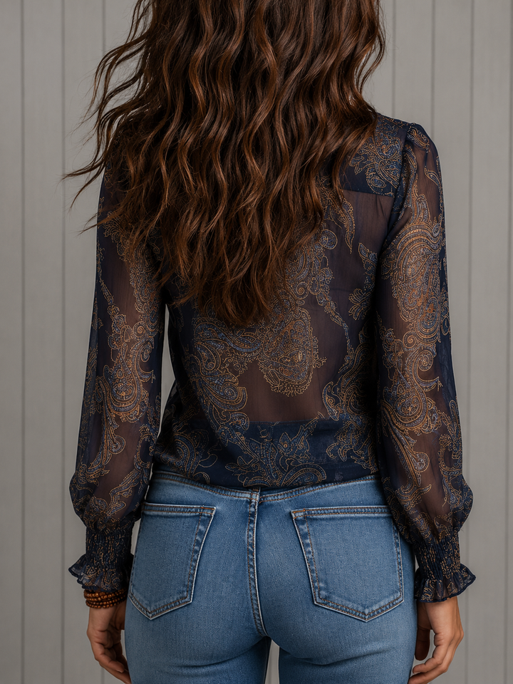 Elise Paisley Ruffle-Neck Blouse