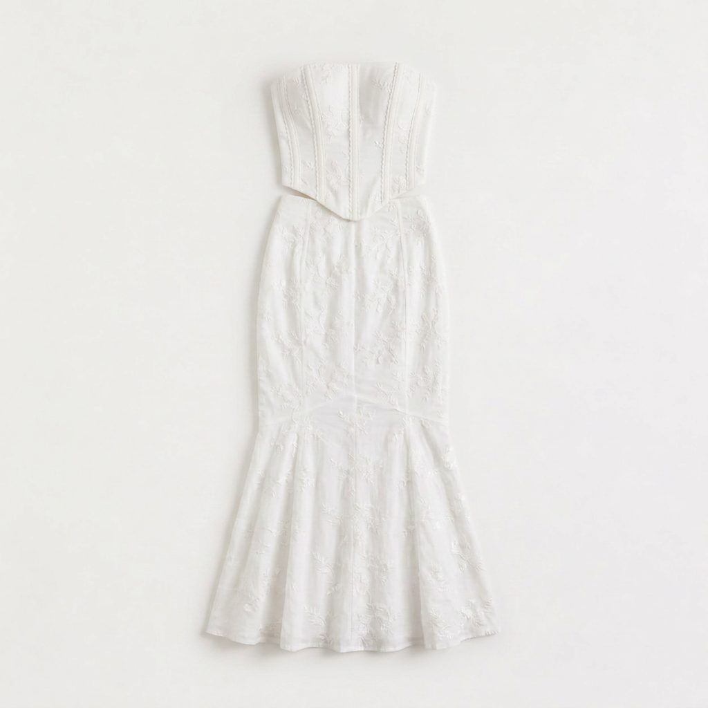 White Strapless Maxi Dress - Embroidered