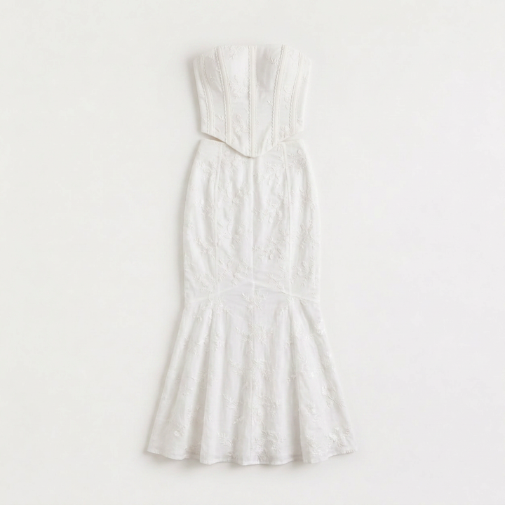 White Strapless Maxi Dress - Embroidered