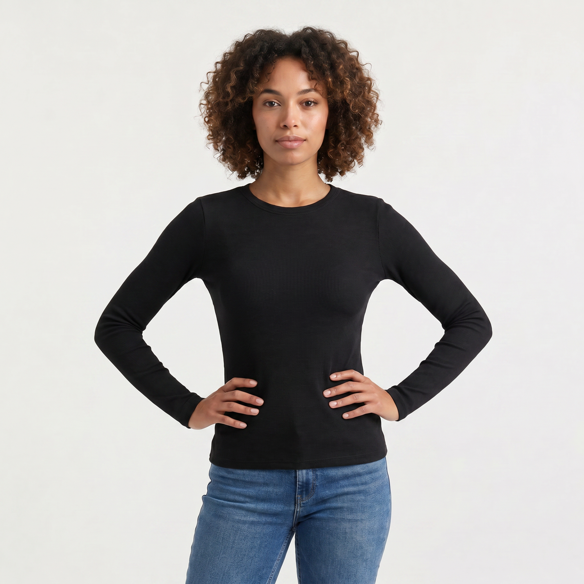 Ribbed Crew Neck Long Sleeve Top