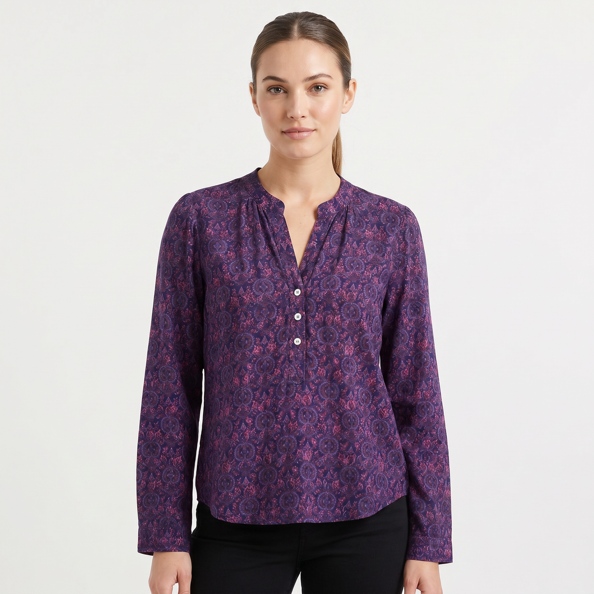 Printed Henley Neck Blouse | Long Sleeve