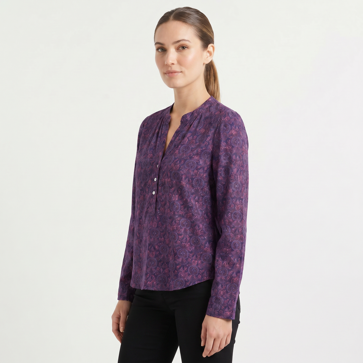 Printed Henley Neck Blouse | Long Sleeve