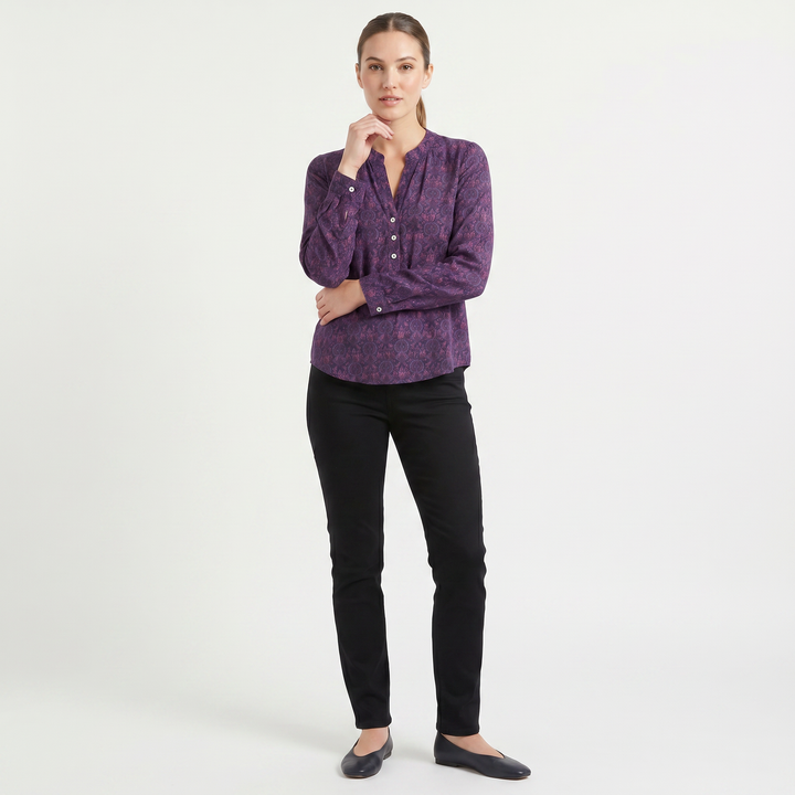 Printed Henley Neck Blouse | Long Sleeve