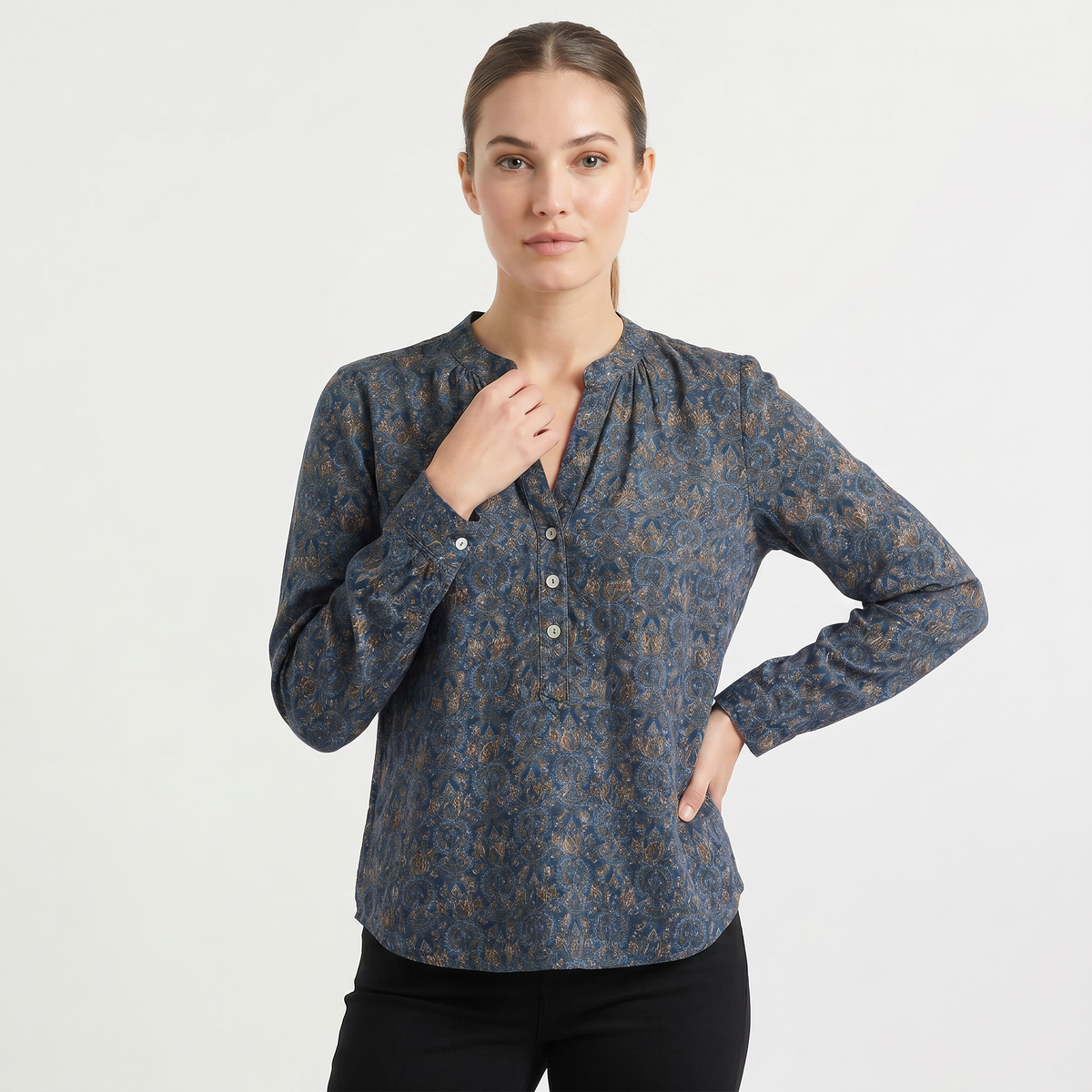 Printed Henley Neck Blouse | Long Sleeve