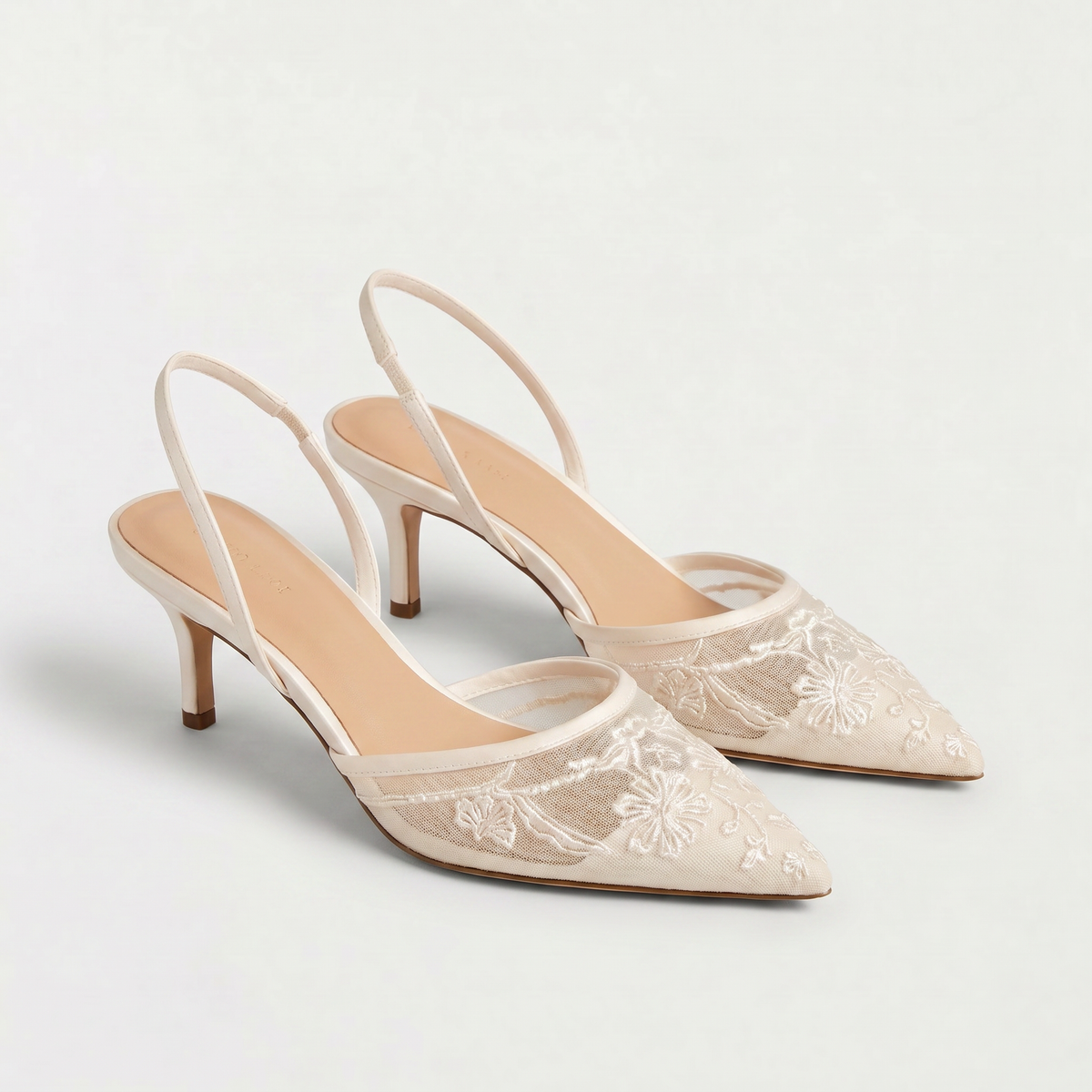 Embroidered Mesh Mule Heels - Pointed Toe