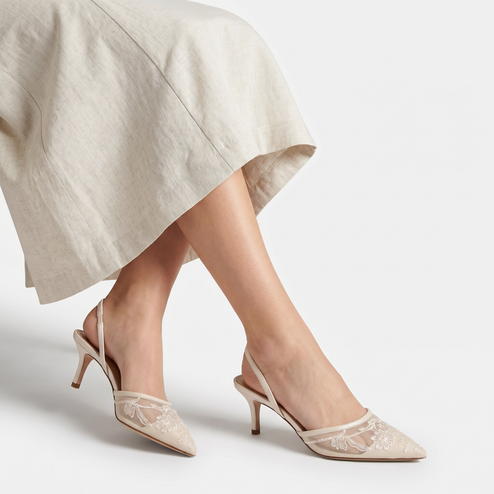 Embroidered Mesh Mule Heels - Pointed Toe