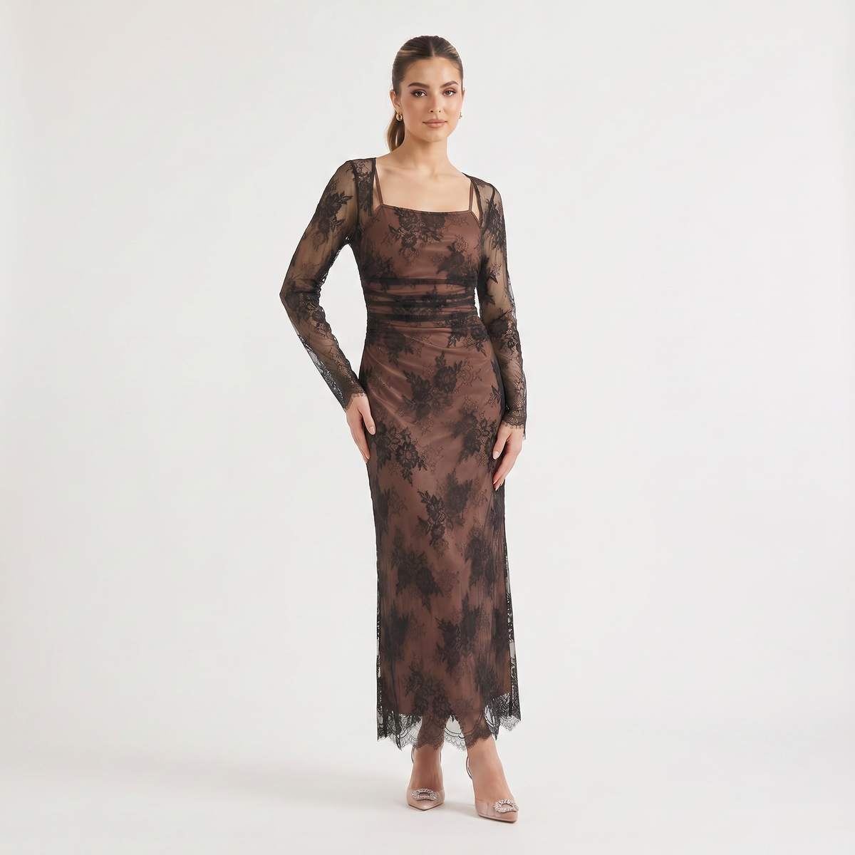 Square Neck Embroidered Long-Sleeve Maxi Dress