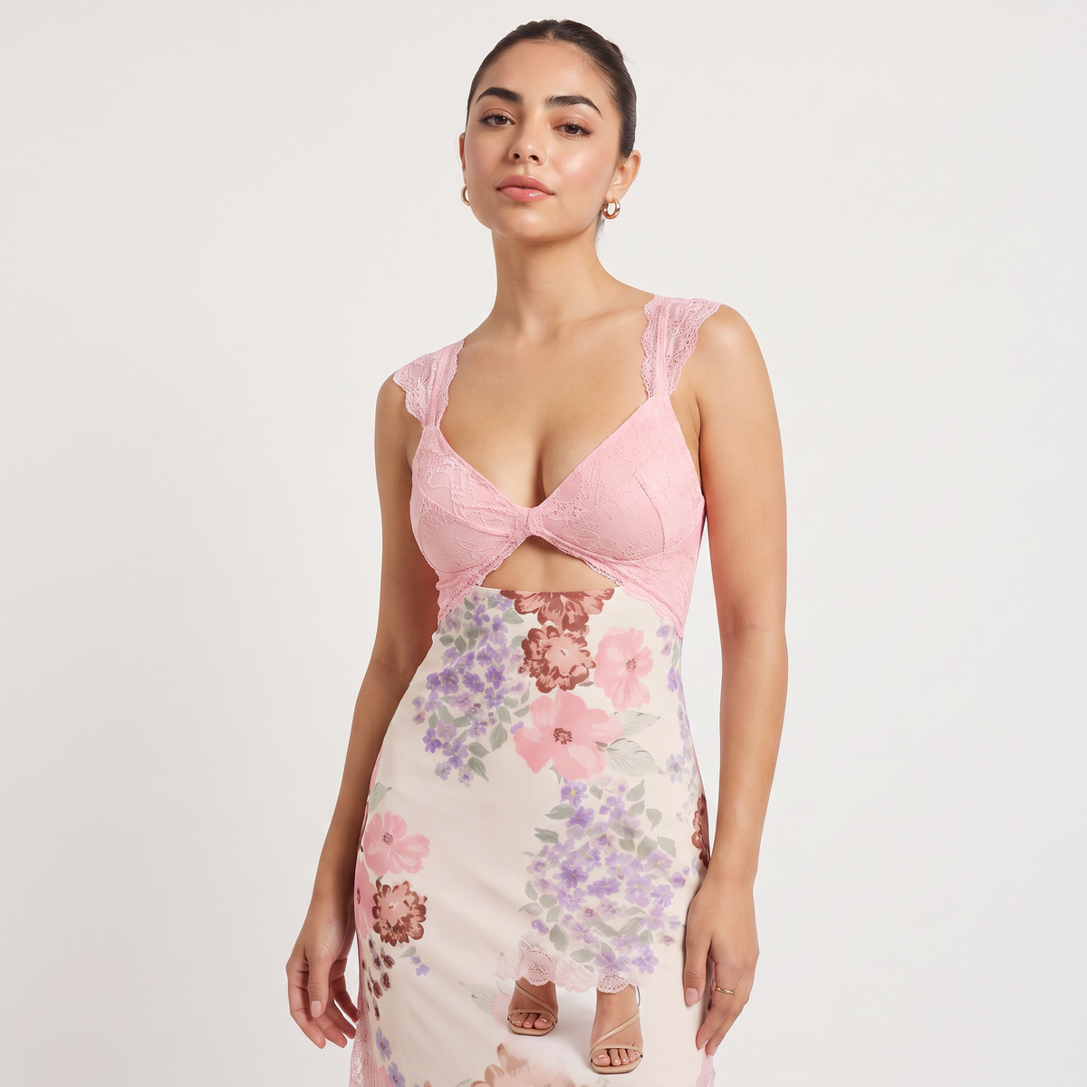 Pink Floral Hollow Lace Maxi Dress