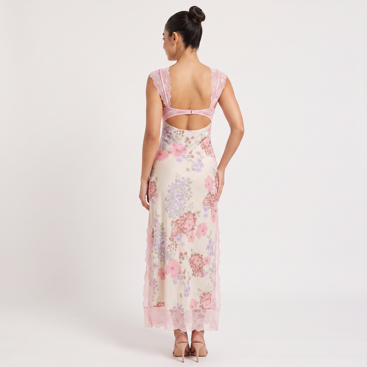 Pink Floral Hollow Lace Maxi Dress