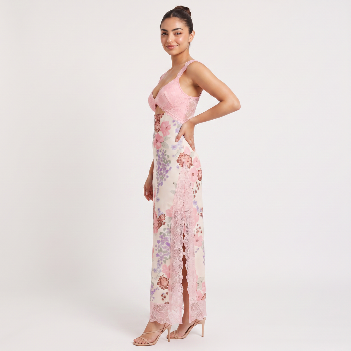 Pink Floral Hollow Lace Maxi Dress