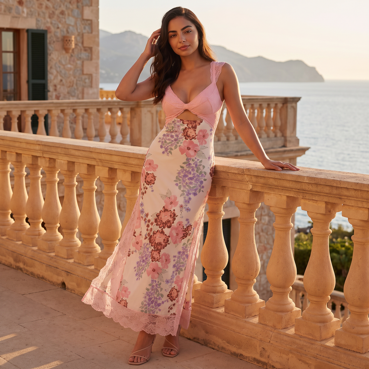 Pink Floral Hollow Lace Maxi Dress
