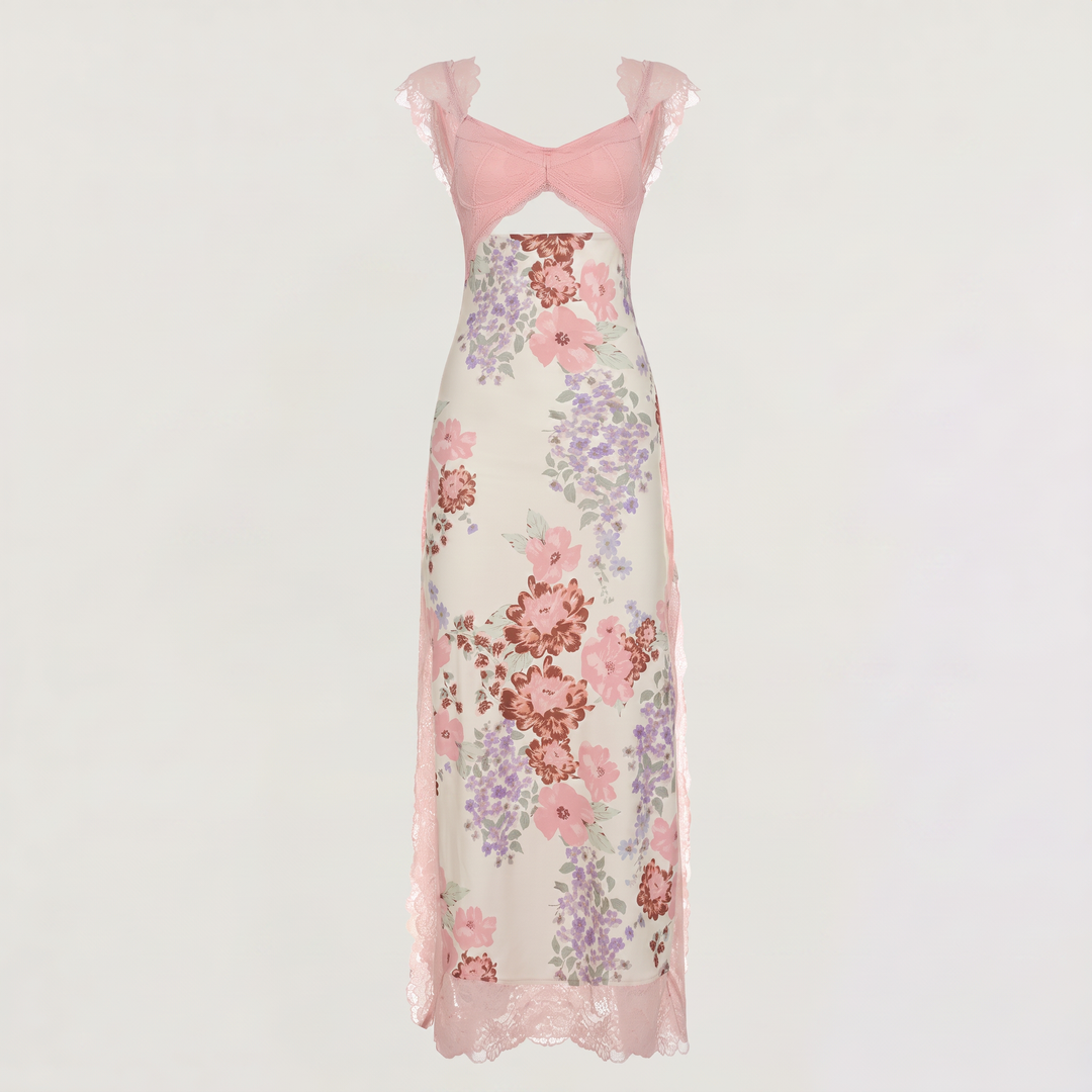Pink Floral Hollow Lace Maxi Dress