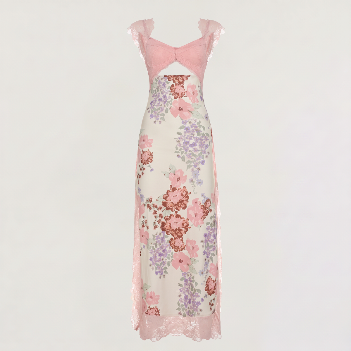 Pink Floral Hollow Lace Maxi Dress
