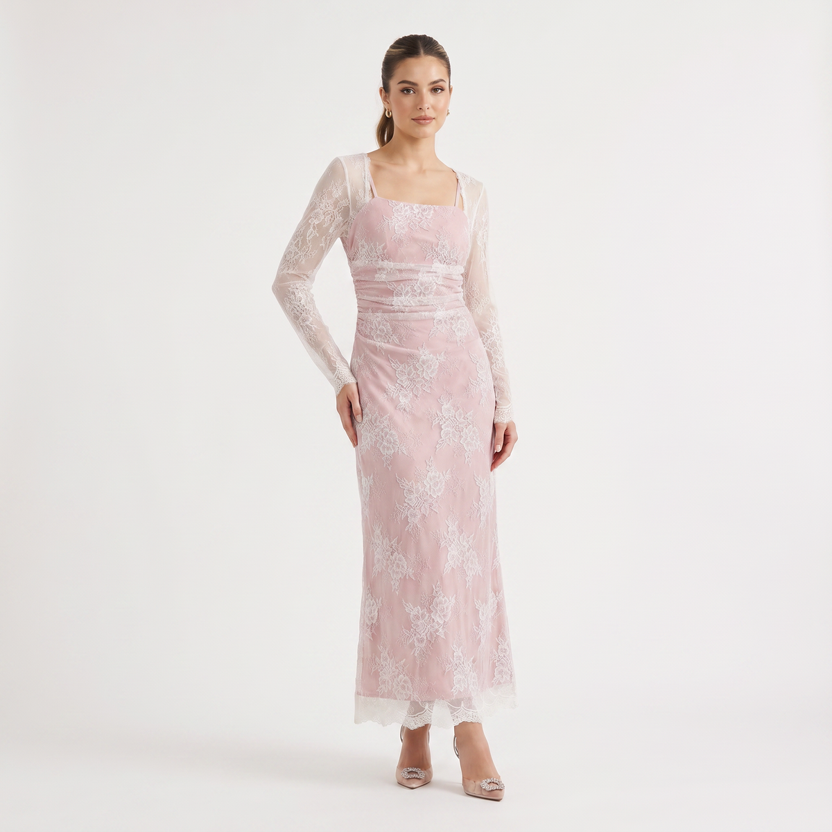 Square Neck Embroidered Long-Sleeve Maxi Dress