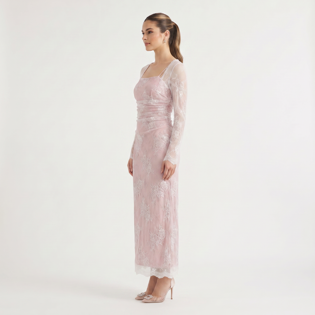 Square Neck Embroidered Long-Sleeve Maxi Dress