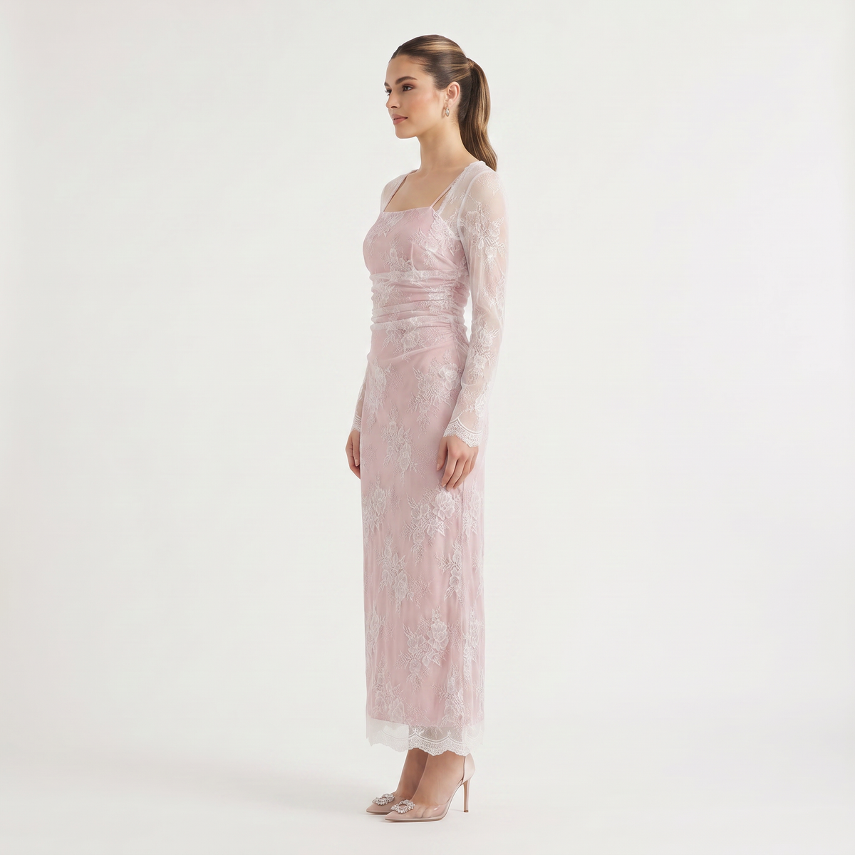 Square Neck Embroidered Long-Sleeve Maxi Dress