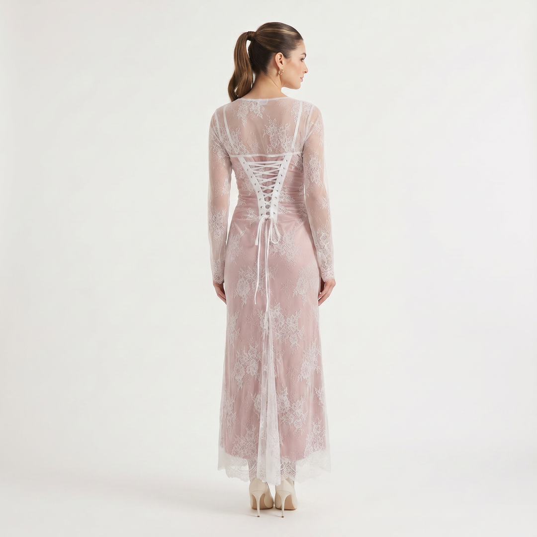Square Neck Embroidered Long-Sleeve Maxi Dress