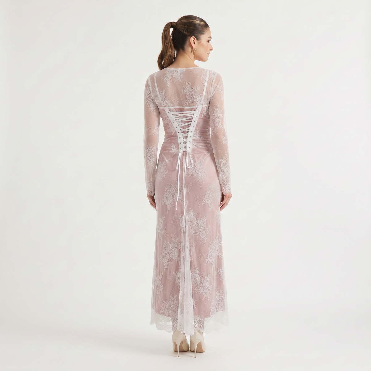 Square Neck Embroidered Long-Sleeve Maxi Dress
