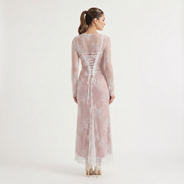Square Neck Embroidered Long-Sleeve Maxi Dress