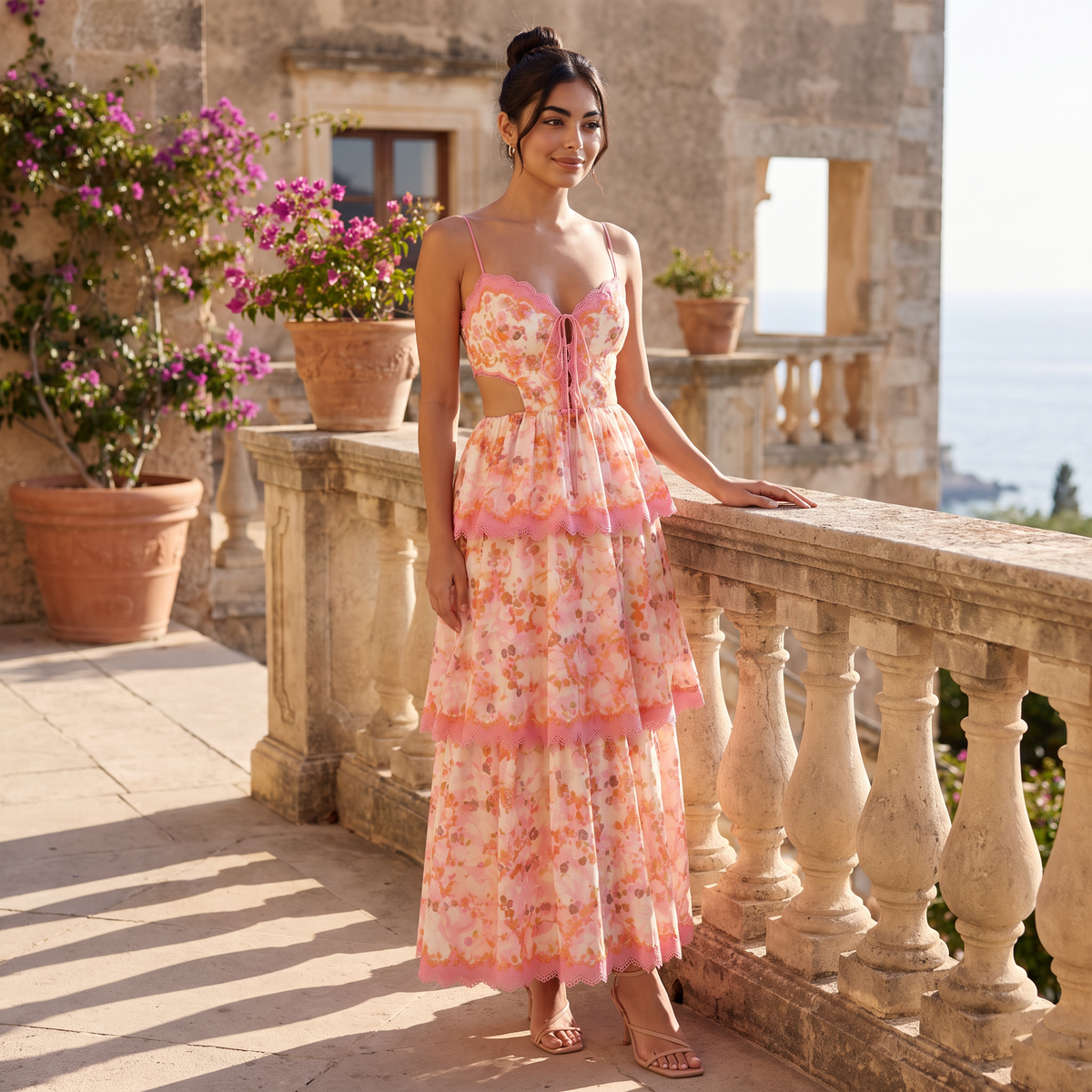 Patterned Maxi Ruffle Dress