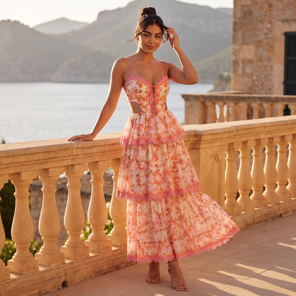 Patterned Maxi Ruffle Dress