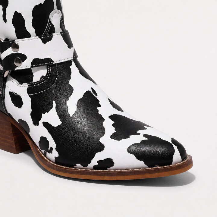 Cow-Print Block Heel Cowboy Boots