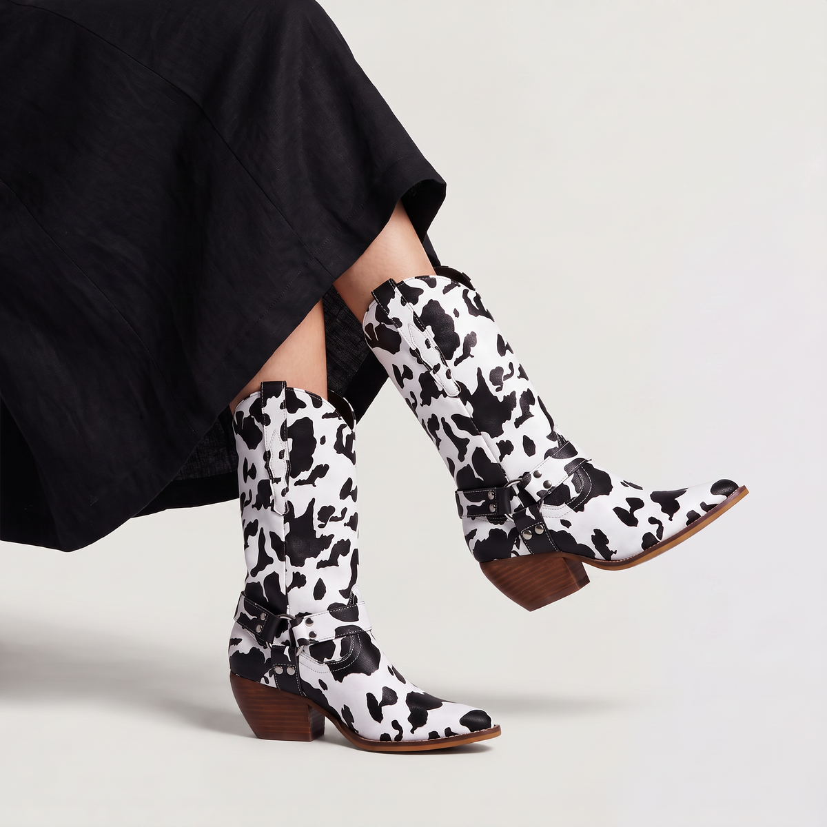 Cow-Print Block Heel Cowboy Boots