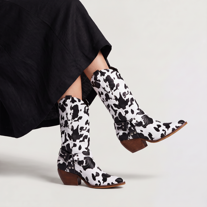 Cow-Print Block Heel Cowboy Boots