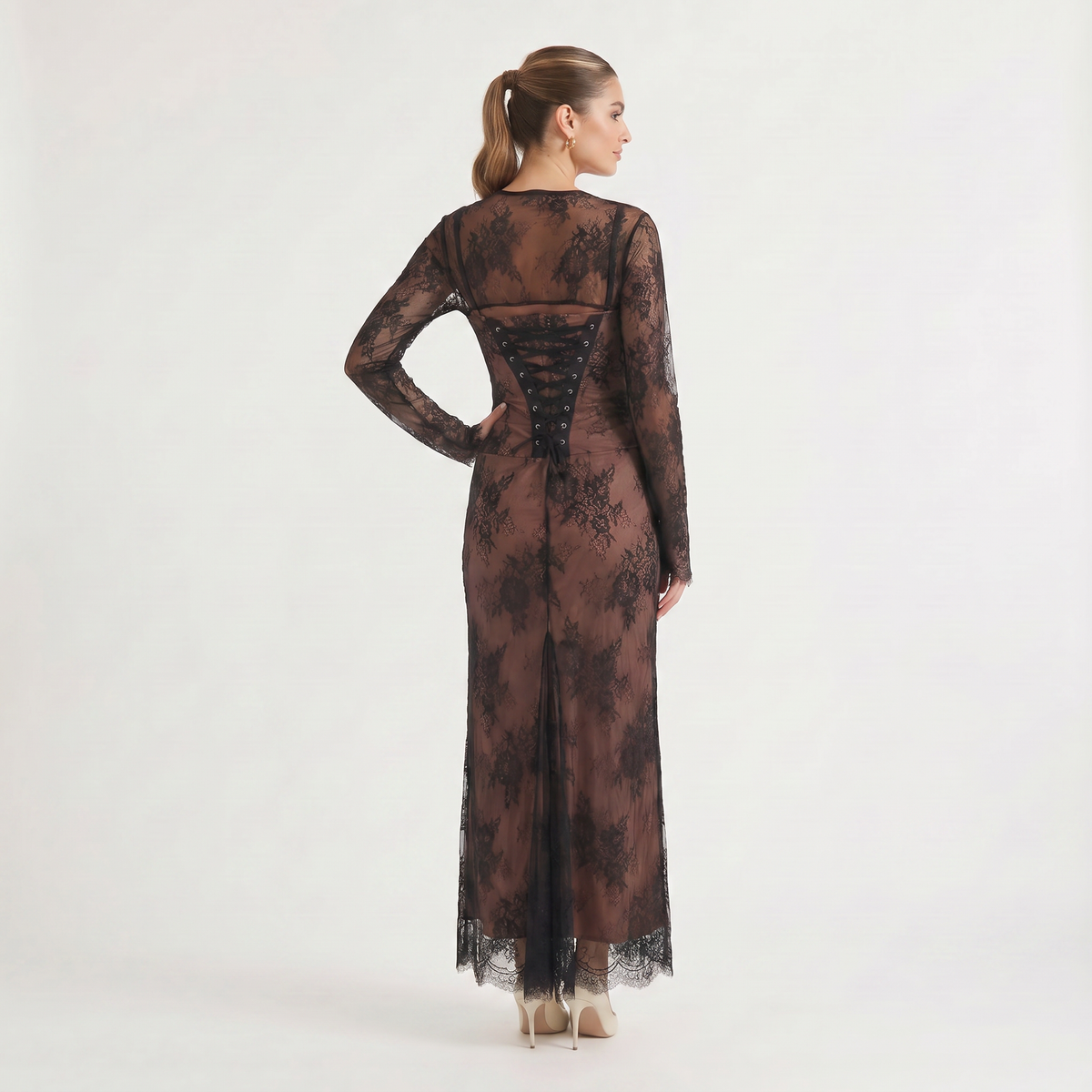 Square Neck Embroidered Long-Sleeve Maxi Dress