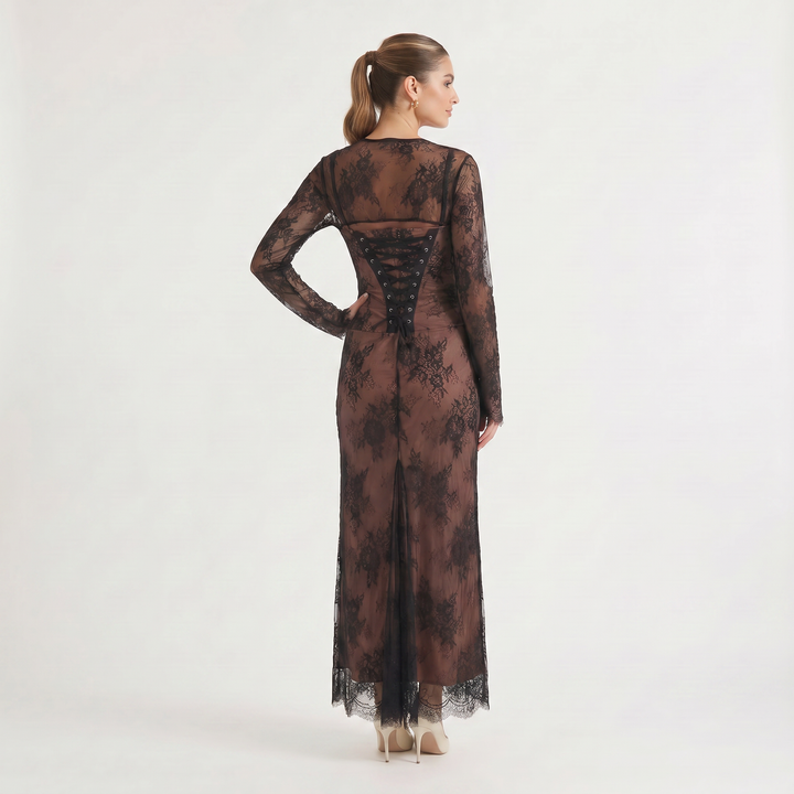 Square Neck Embroidered Long-Sleeve Maxi Dress