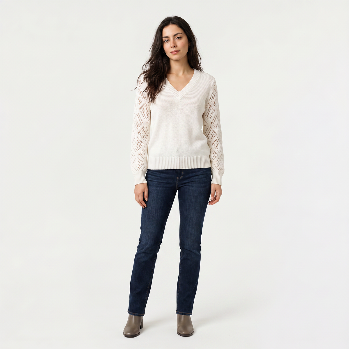 V-Neck Pointelle Sleeve Sweater