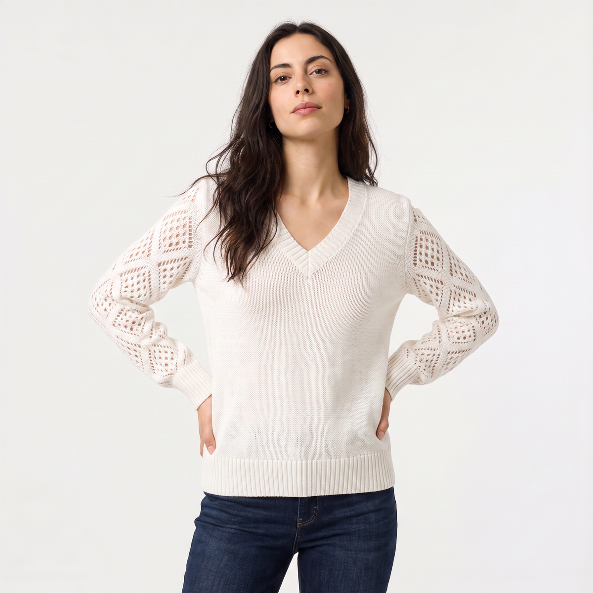 V-Neck Pointelle Sleeve Sweater