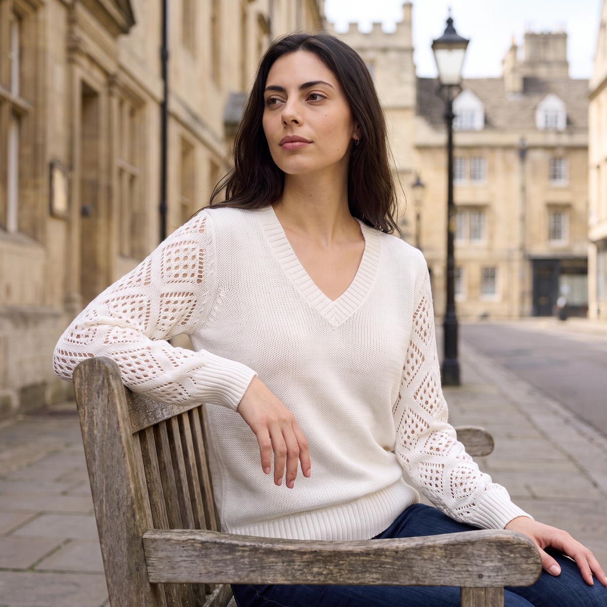 V-Neck Pointelle Sleeve Sweater