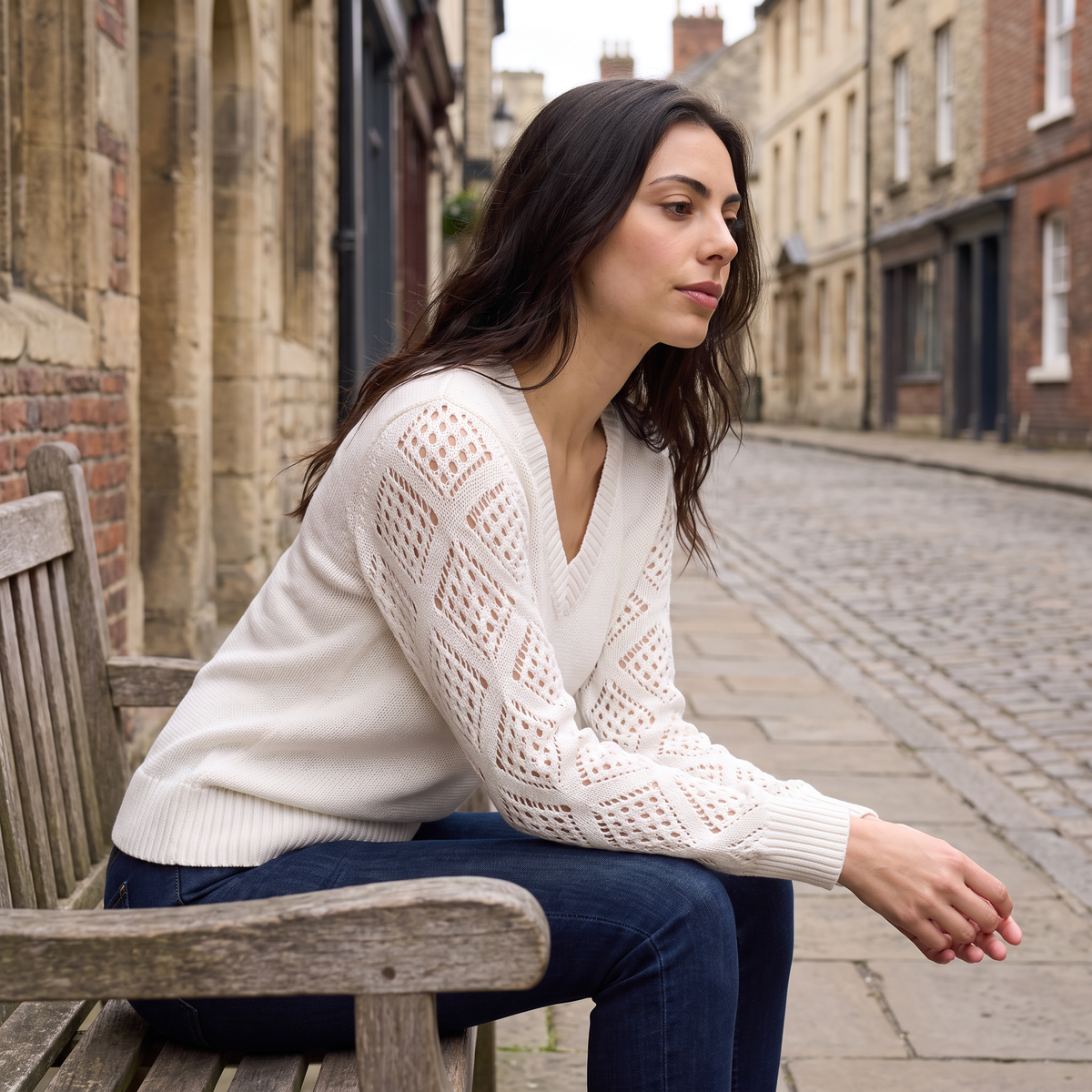 V-Neck Pointelle Sleeve Sweater
