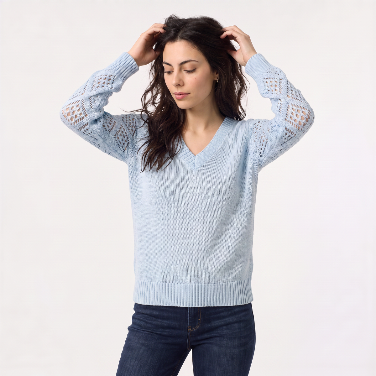 V-Neck Pointelle Sleeve Sweater