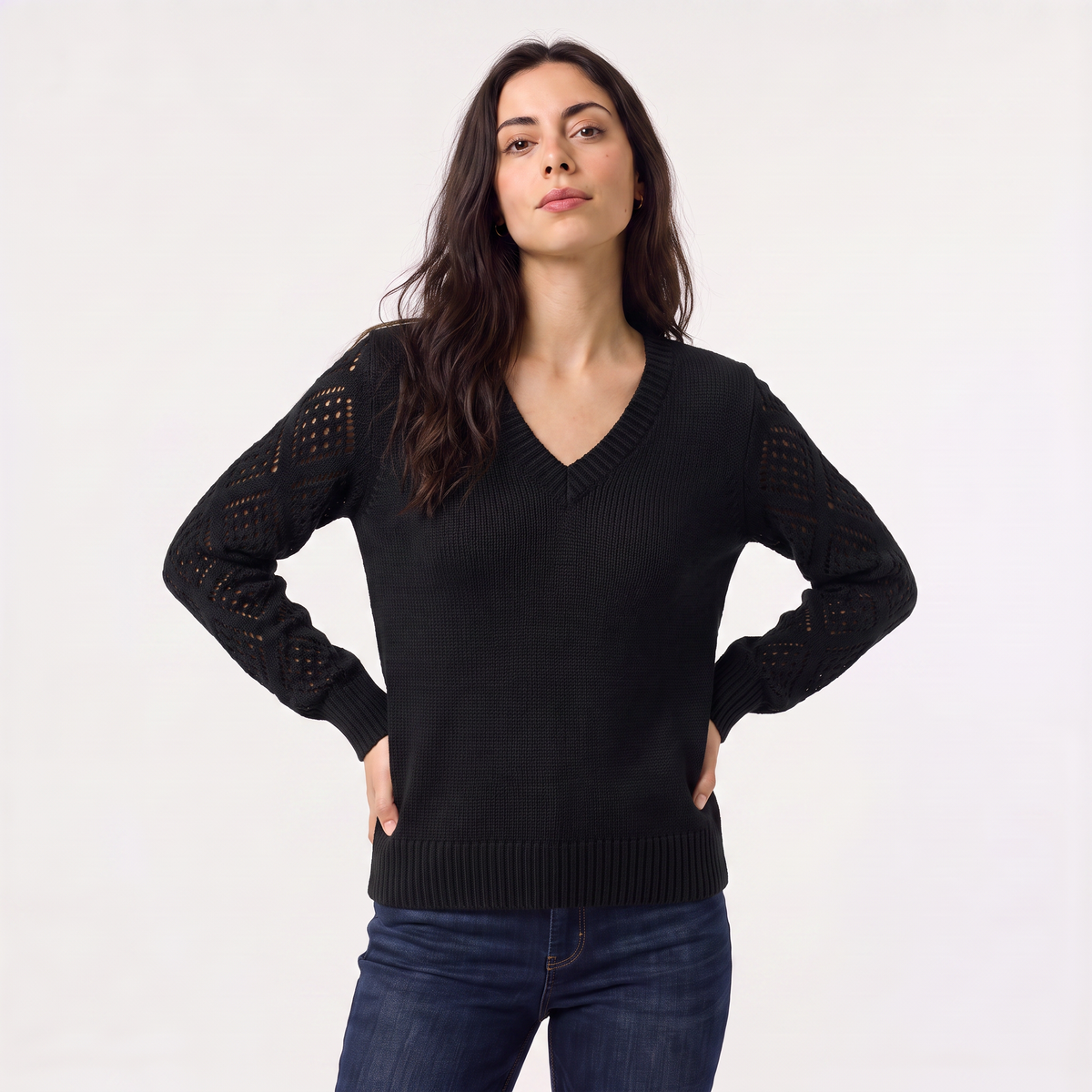 V-Neck Pointelle Sleeve Sweater
