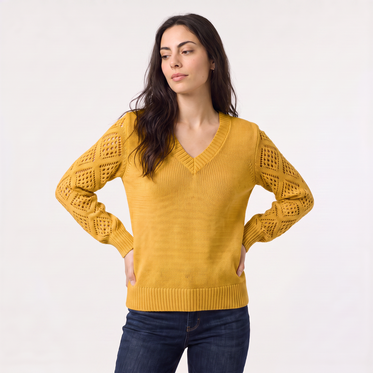 V-Neck Pointelle Sleeve Sweater